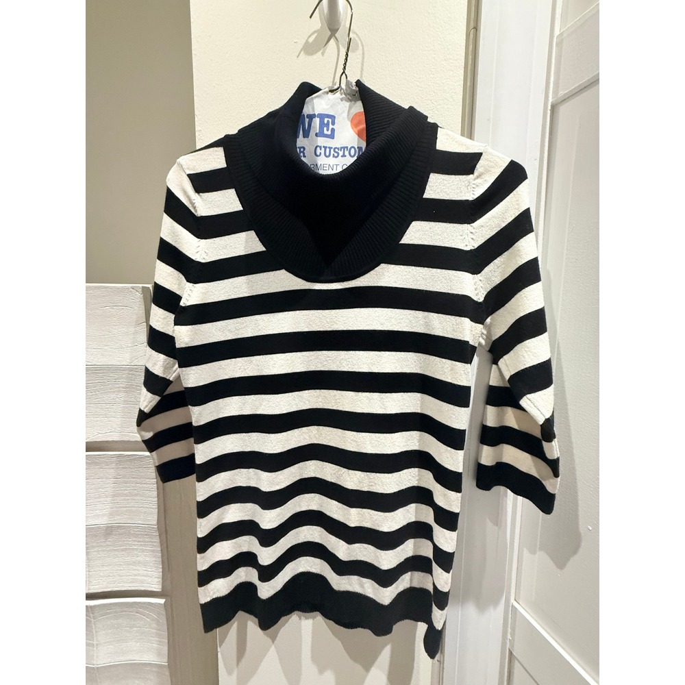INC International Concepts Striped Turtleneck V-Neck Sweater Black White Large